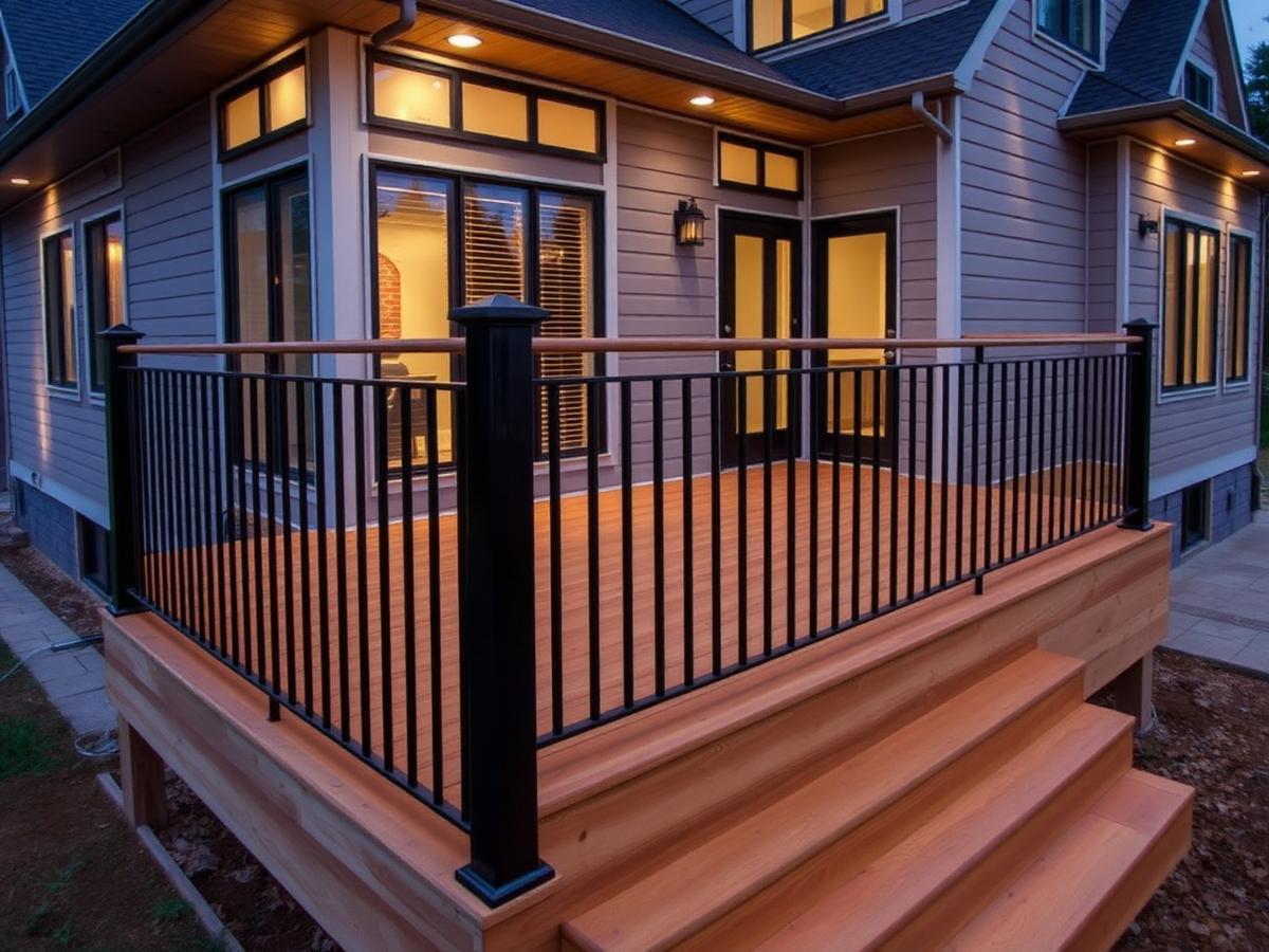 Newly built cedar deck with black metal railing