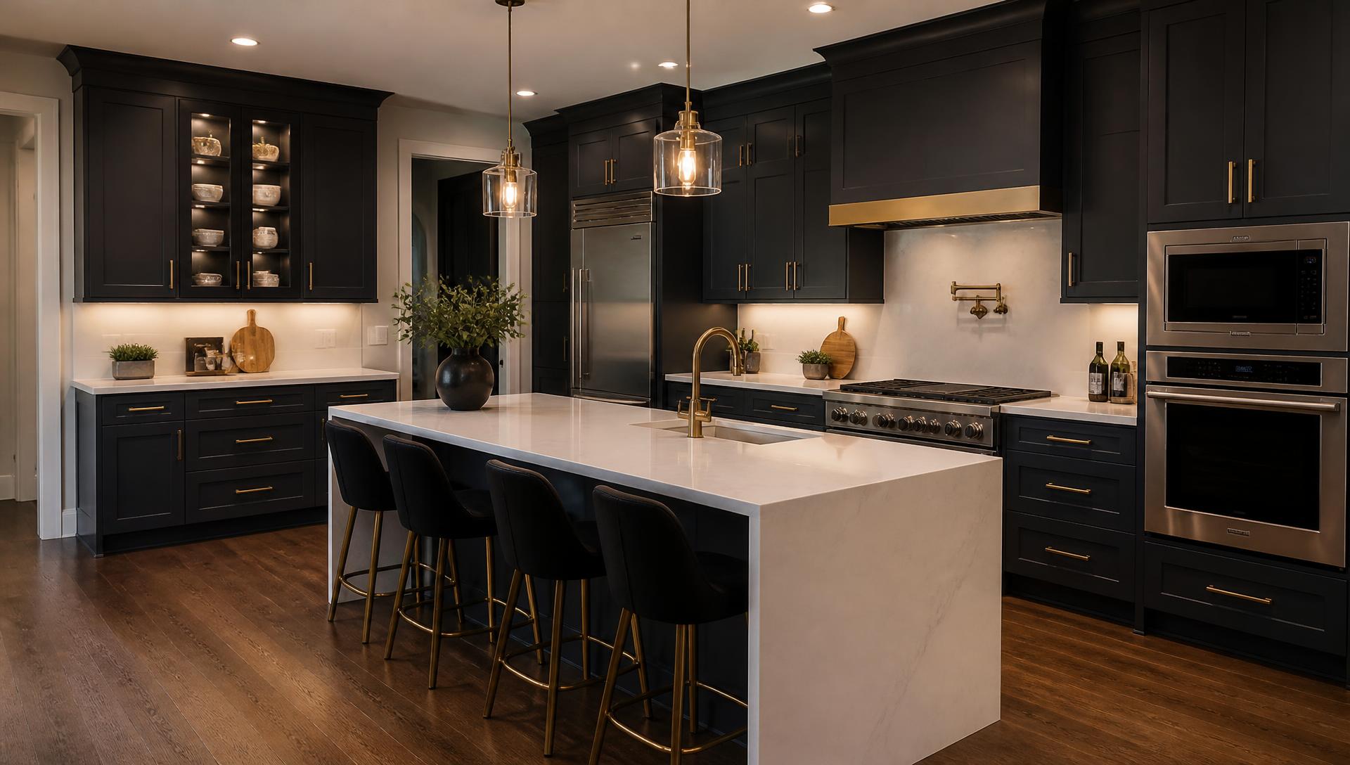 Modern remodeled kitchen with dark cabinetry and gold hardware